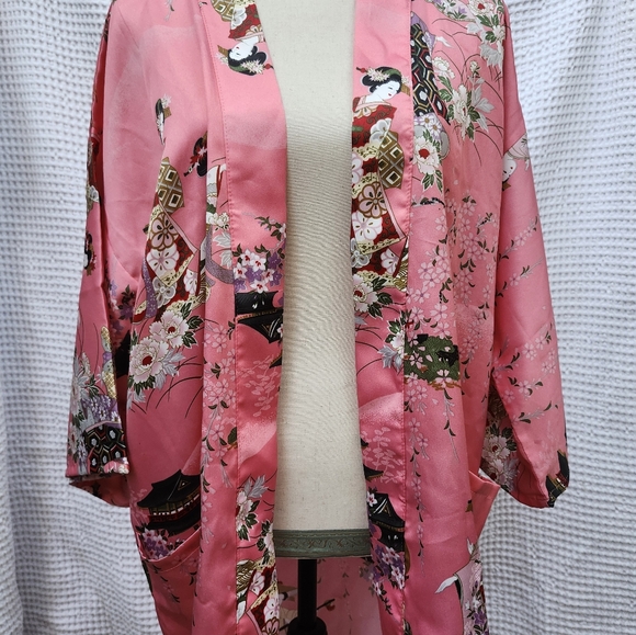 Vintage Made in Japan Bold Floral Kimono Dressing Gown Robe Coat OS Polyester - Picture 13 of 16